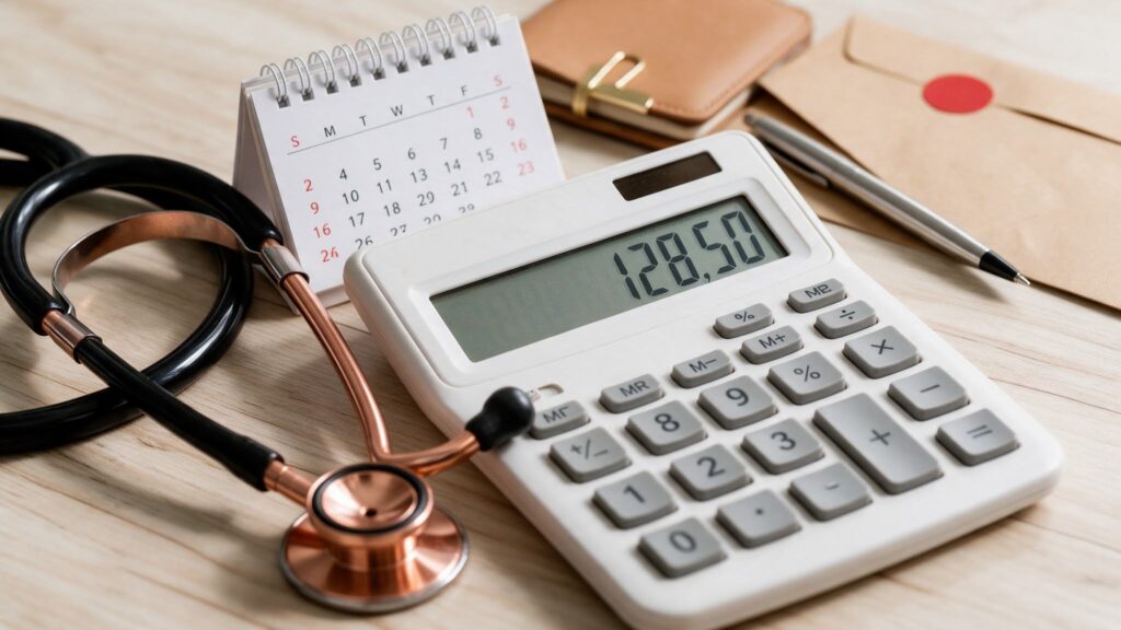 Calculadora calendário e outros objetos em mesa